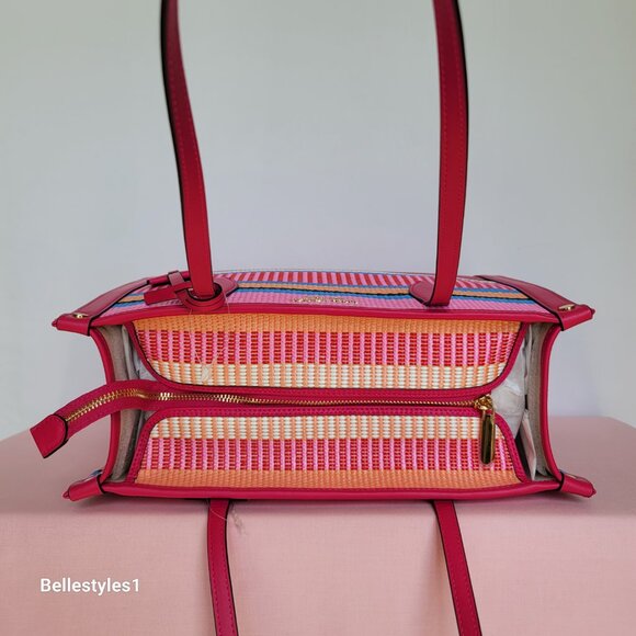 KATE SPADE Market Striped Woven Straw Medium Tote Bag-Wild Raspberry Multi⭐ - Picture 11 of 16
